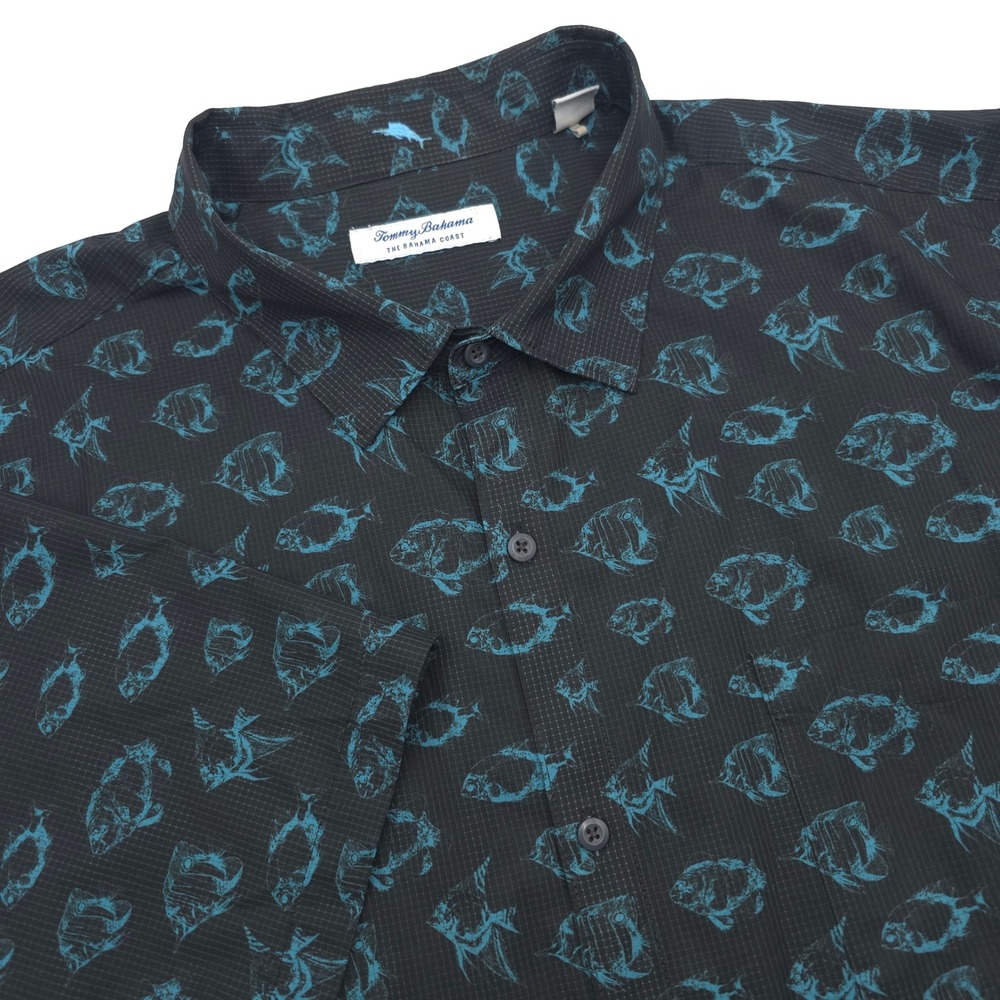 Tommy Bahama IslandZone Bahama Coast Fish Print Shirt Black Blue 3XLT Mens